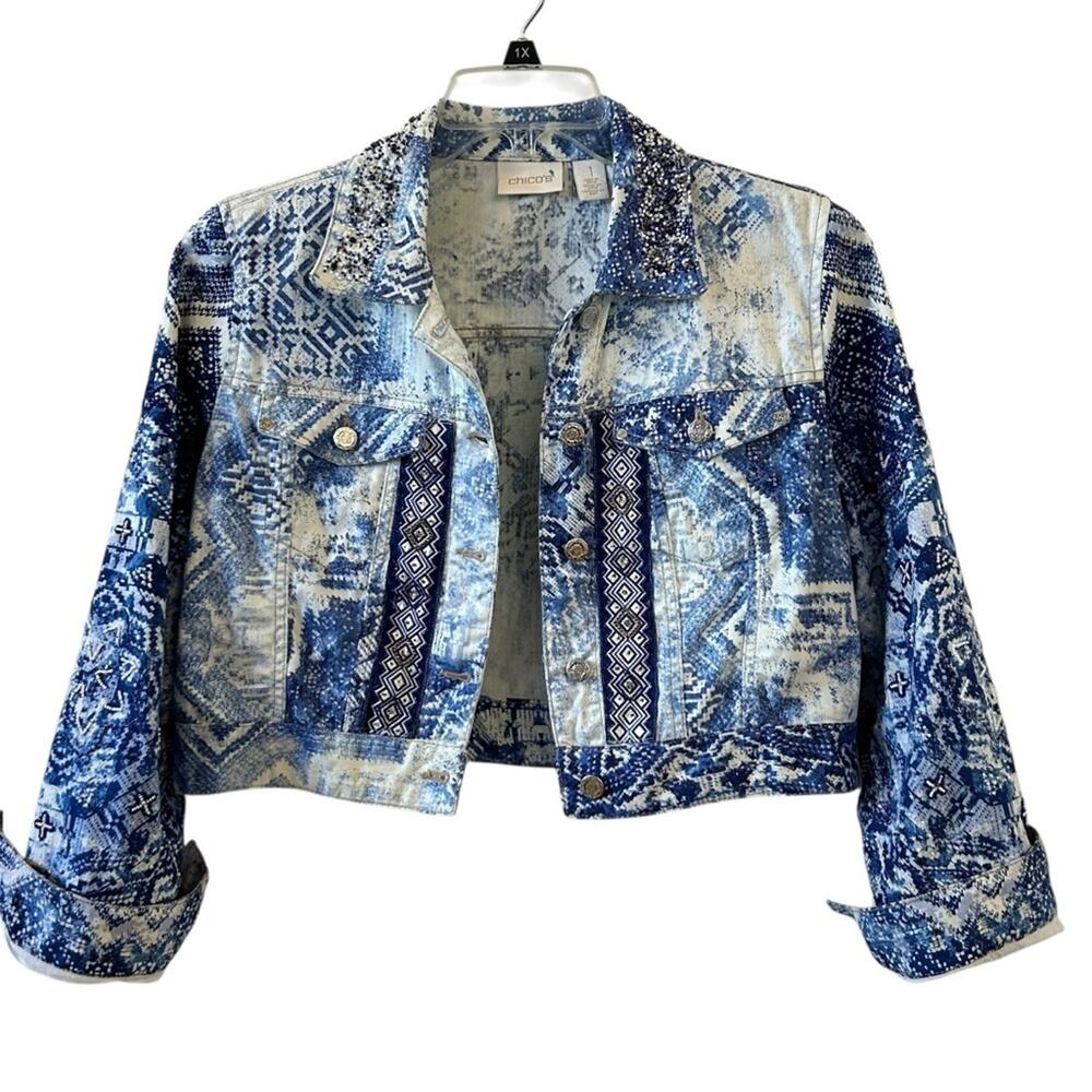 Chicos Mixed Artisan Pattern Beaded Cropped Blue and White Jean Jacket Medium